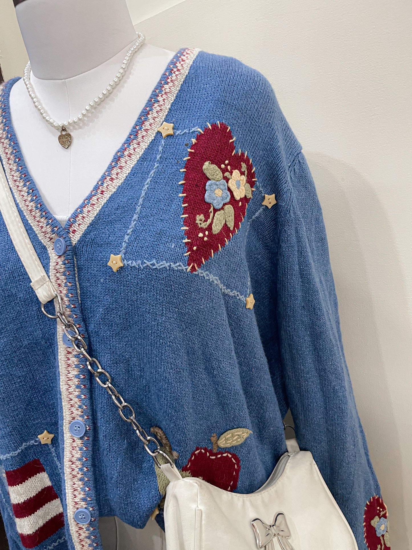 blue patchwork cardigan