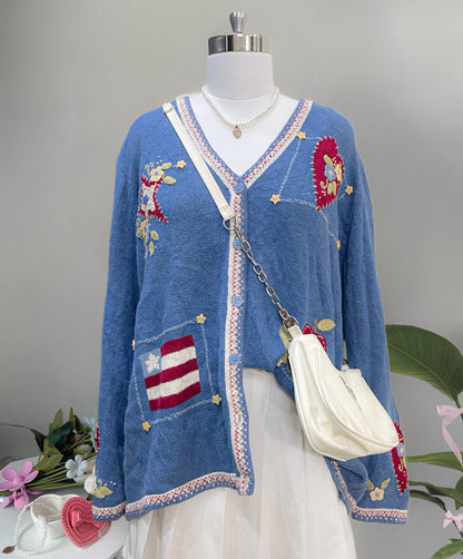 blue patchwork cardigan