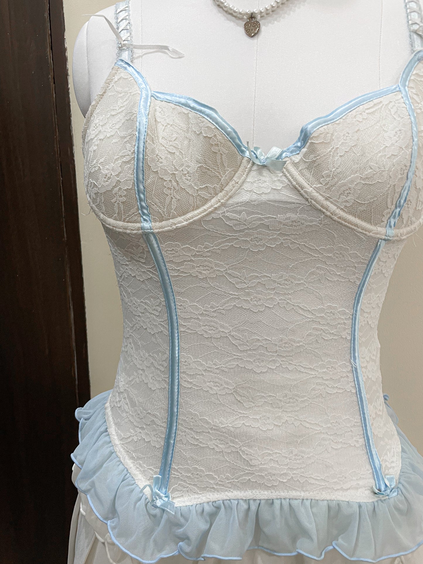 white blue frill corset