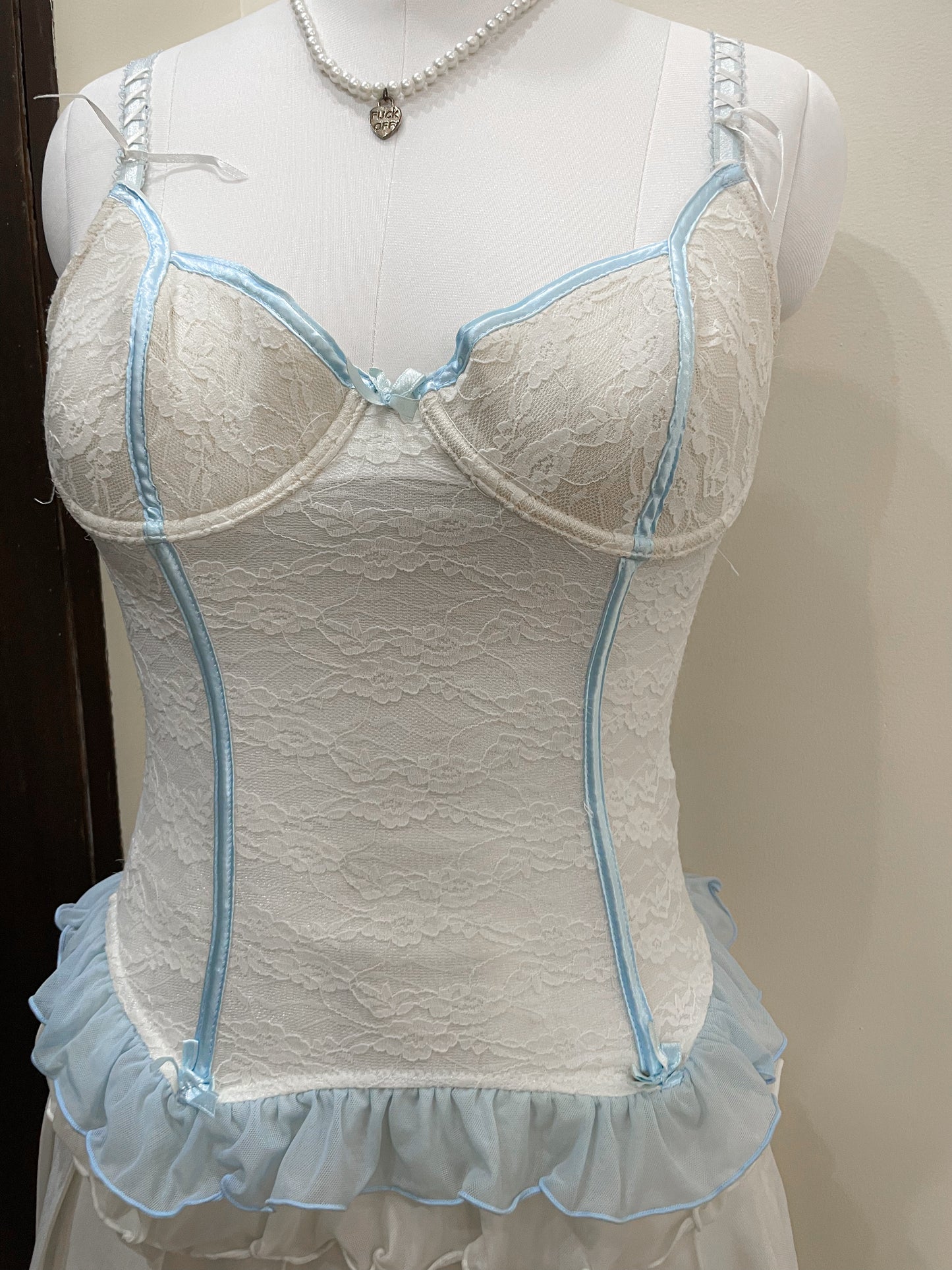 white blue frill corset