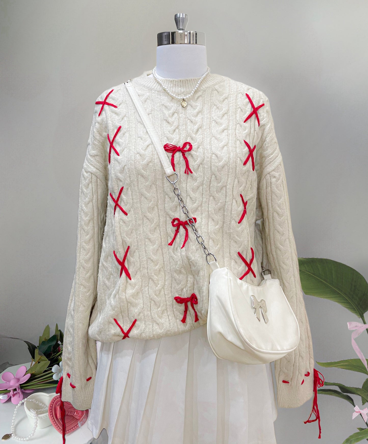 cream red bows pullover