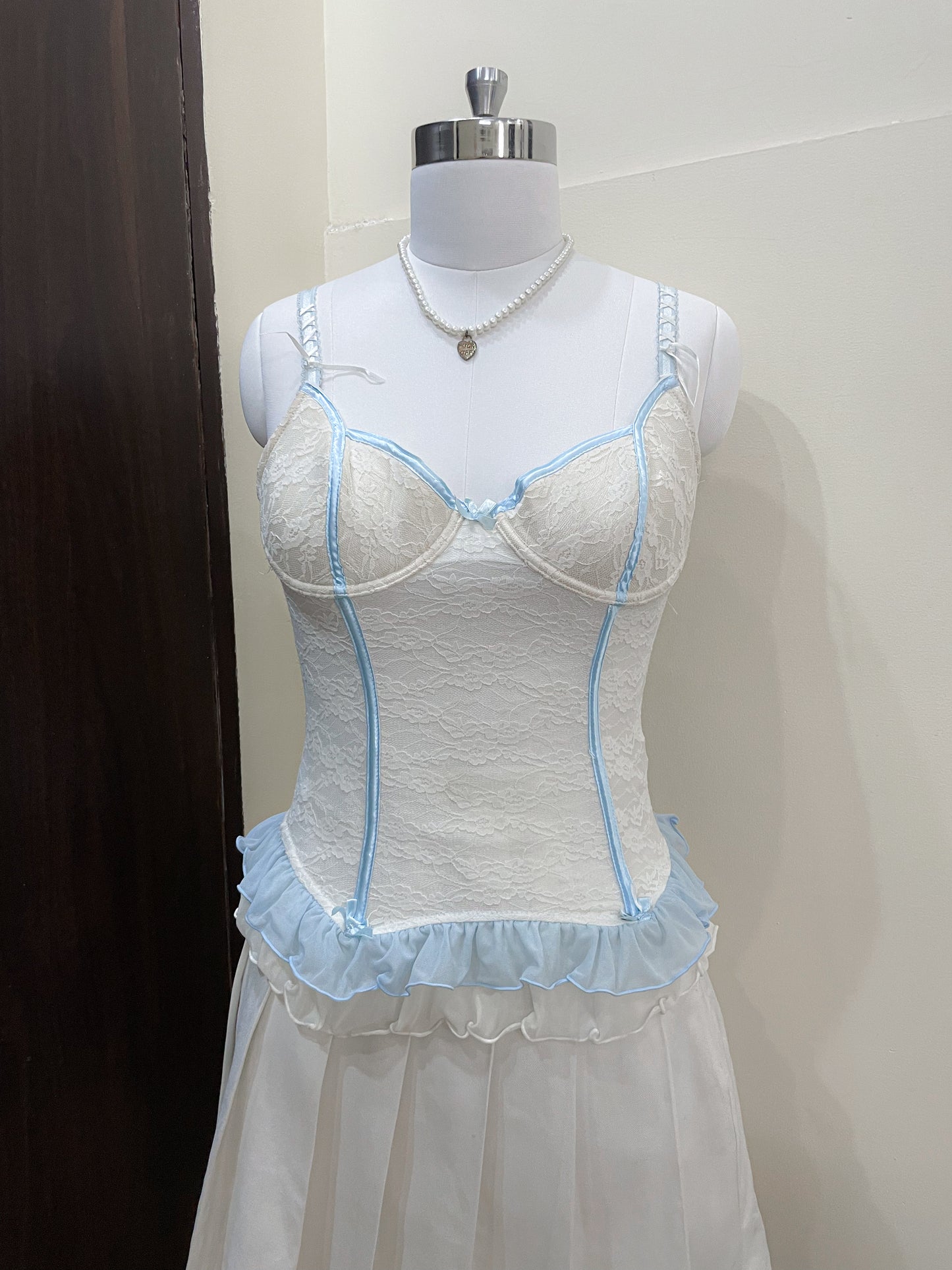 white blue frill corset