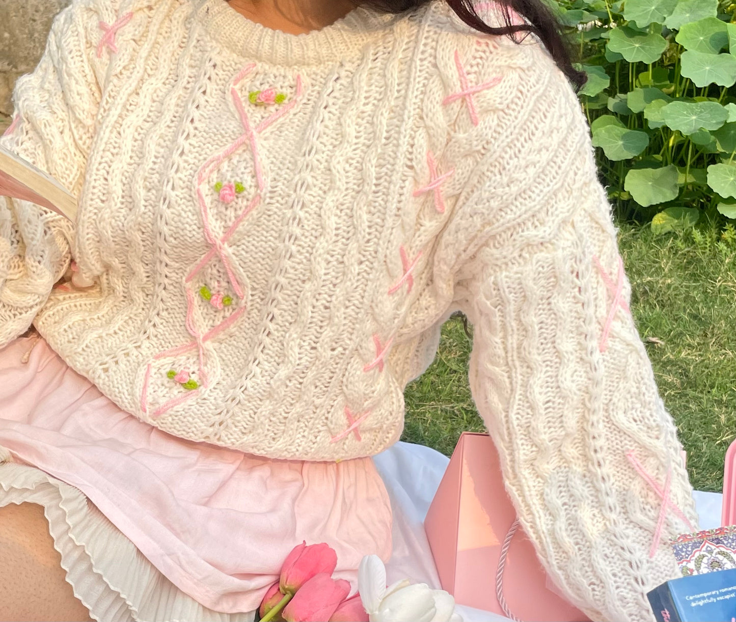 pink coquette floral pullover